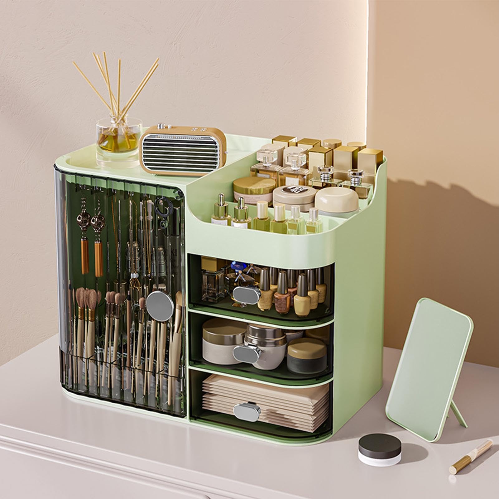 Boîte de rangement pour cosmétiques – Tiroir de bureau de grande capacité | avec plusieurs compartiments | Récipient cosmétique idéal pour femme pour mascara, pinces à cheveux, produits à sourcils, etc