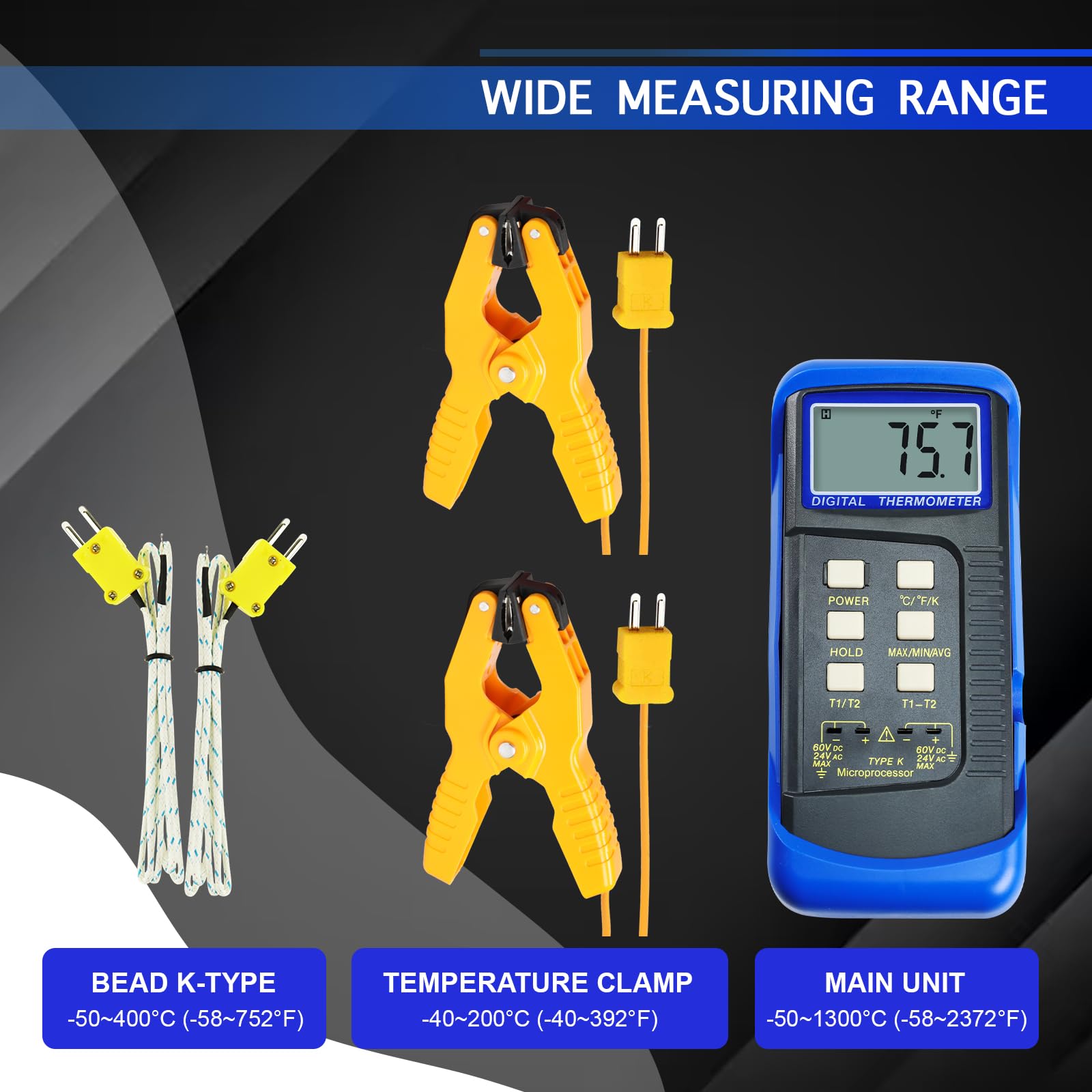 Termómetro digital de dos canales con termopar tipo K de -50 a 1300 °C, incluye abrazadera de temperatura y sondas con cable, medición de la diferencia y máx/min/AVG y diferencia para hornos, hornos