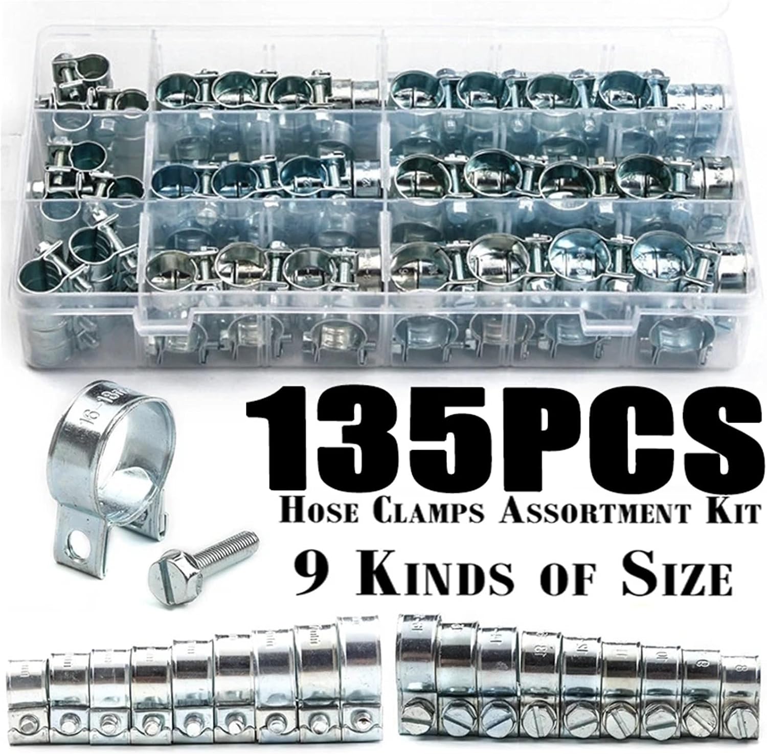 135/60Pcs Hose Clamps Double Ears Clamps 8-18mm Worm Drive Fuel Water Hose Pipe Clamps Clips Hose Fuel Clamps Assorted Kit(60pcs)