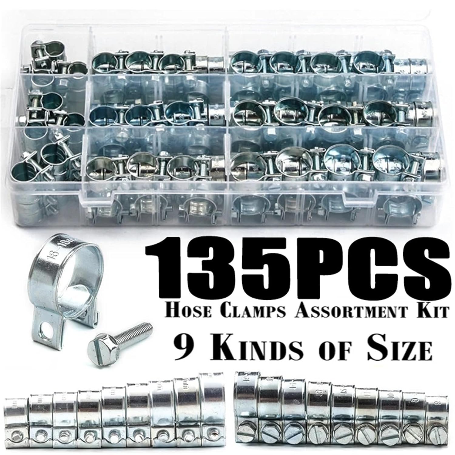 135/60Pcs Hose Clamps Double Ears Clamps 8-18mm Worm Drive Fuel Water Hose Pipe Clamps Clips Hose Fuel Clamps Assorted Kit(60pcs)