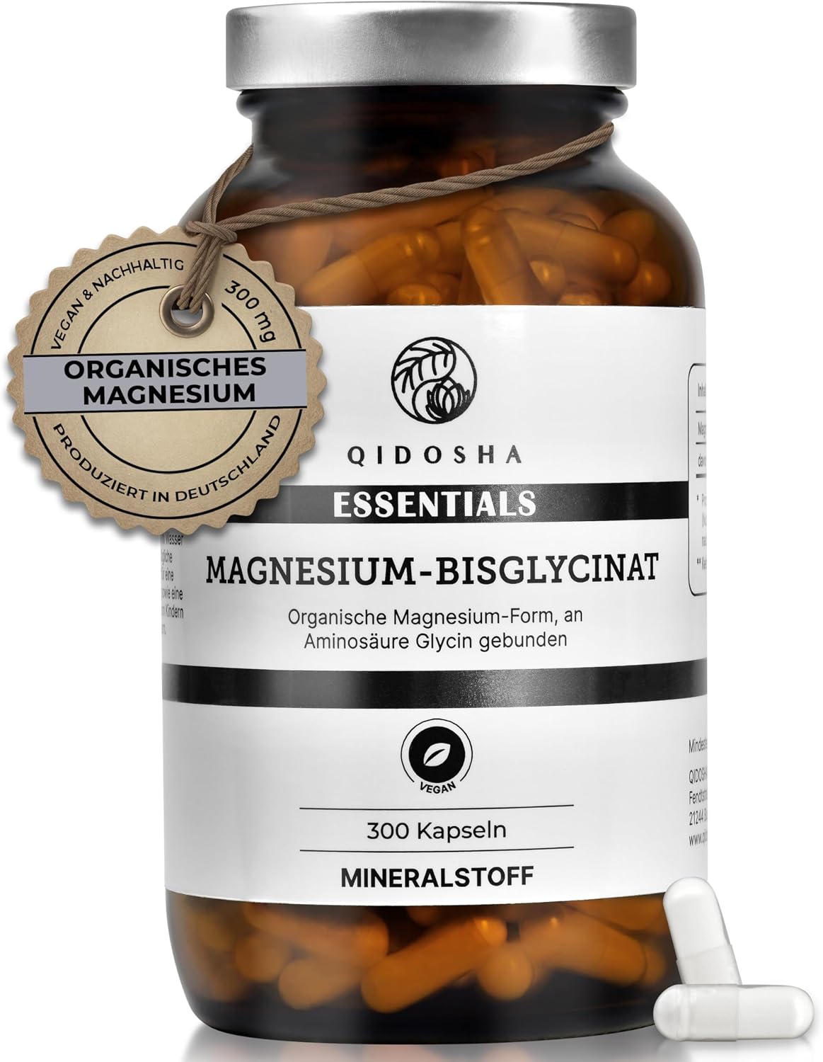 QIDOSHA Magnesium Bisglycinate Capsules, Pack of 300 in Pharmacist Glass, Organic MG Form as Magnesium Glycinate, 300 mg Elementary mg per Daily Serving