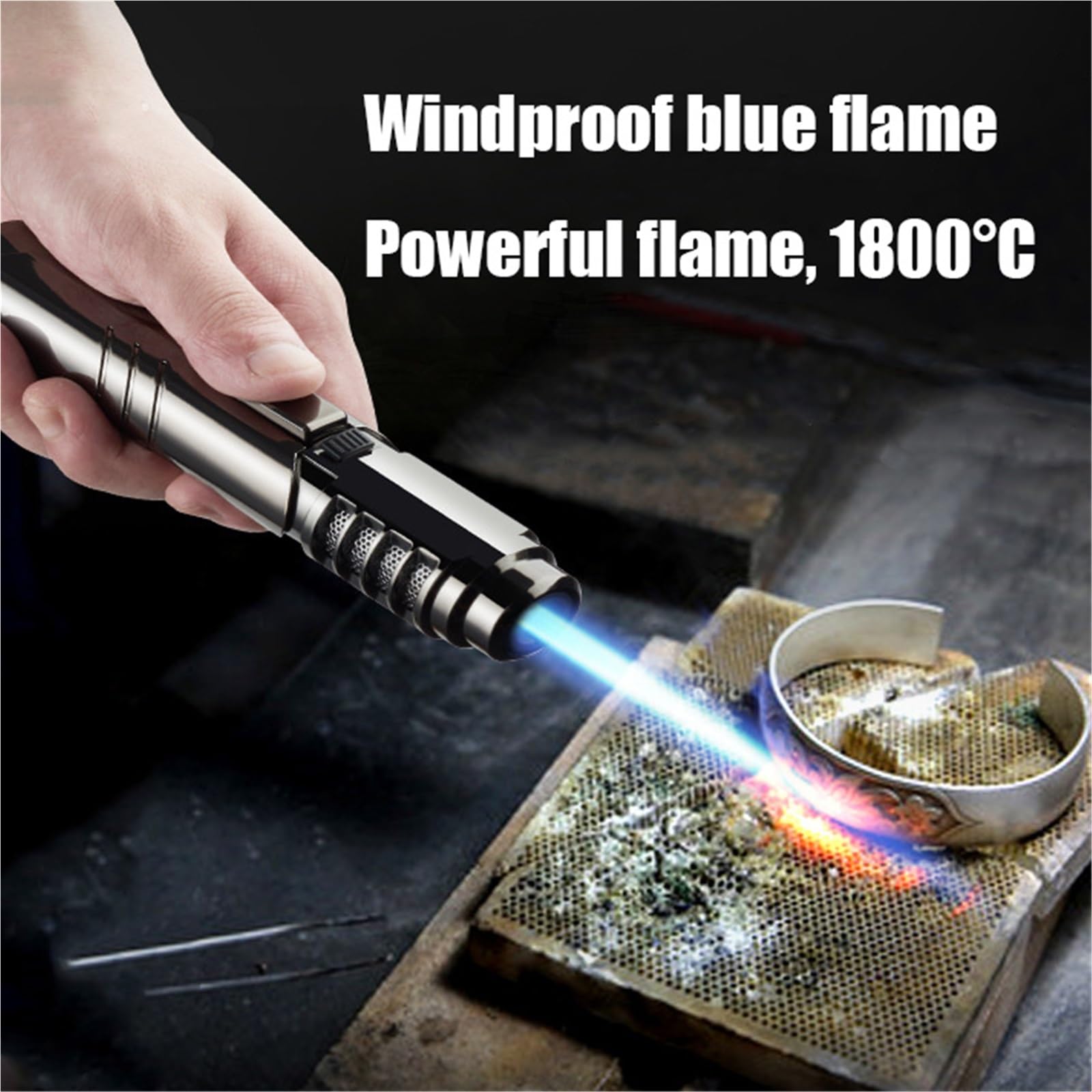 Encendedor de antorcha de llama de chorro resistente al viento, encendedor de butano ajustable con bloqueo de seguridad para barbacoa, velas, camping y uso al aire libre, recargable con gas butano
