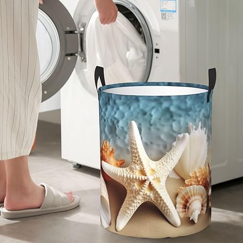Miniatura 7 de Starfish Coral and Seashell print Circular Hamper Waterproof Storage Bin Organizer Basket Laundry Hamper With Handles For Clothes Toys Medium