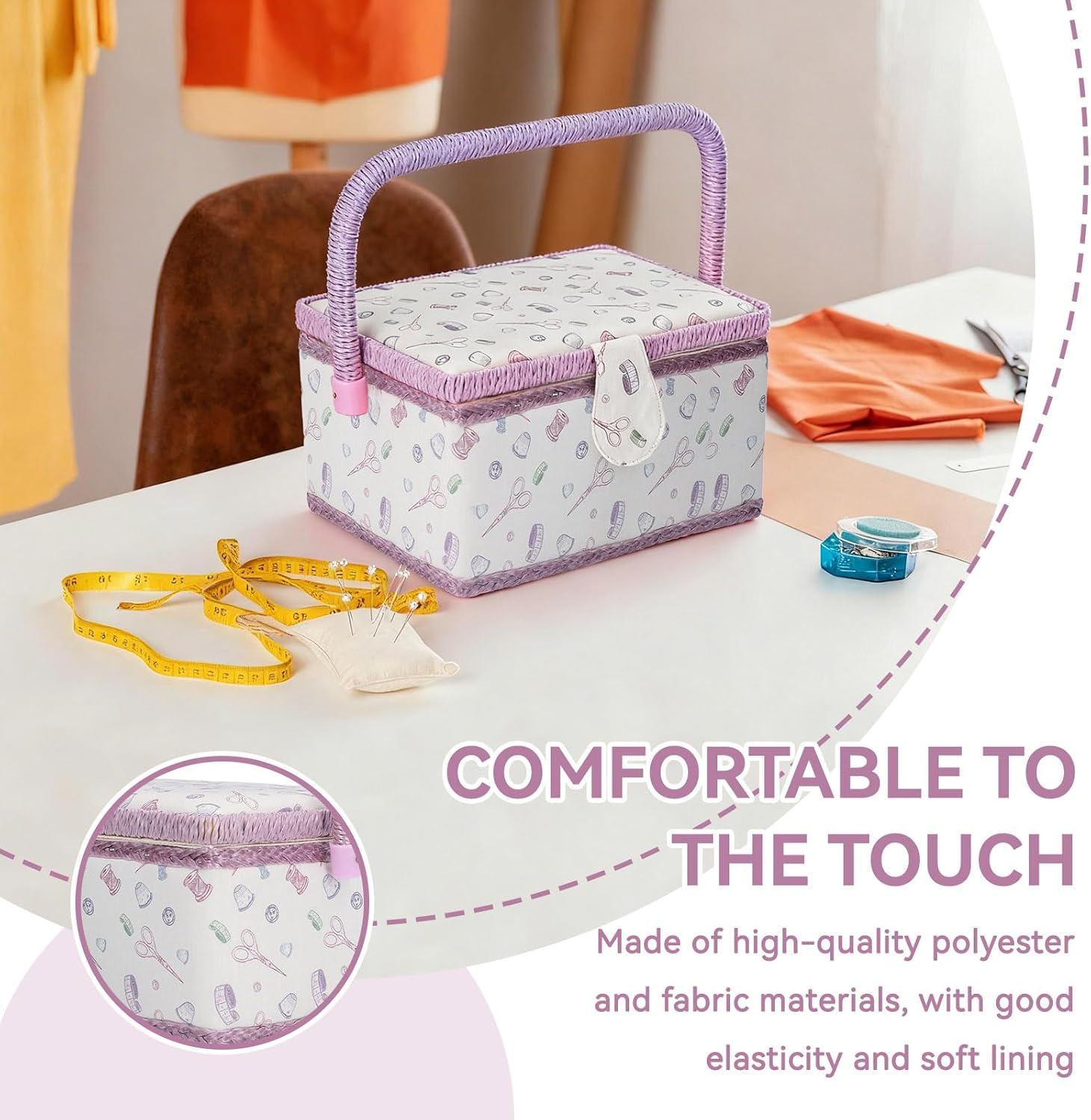 Sewing Basket, Fabric Portable Vintage Sewing Kits Carrying Organizer with Handle 9.45x6.89x4.92in Multifunctional Mending Needles Felting Kits Box for Home