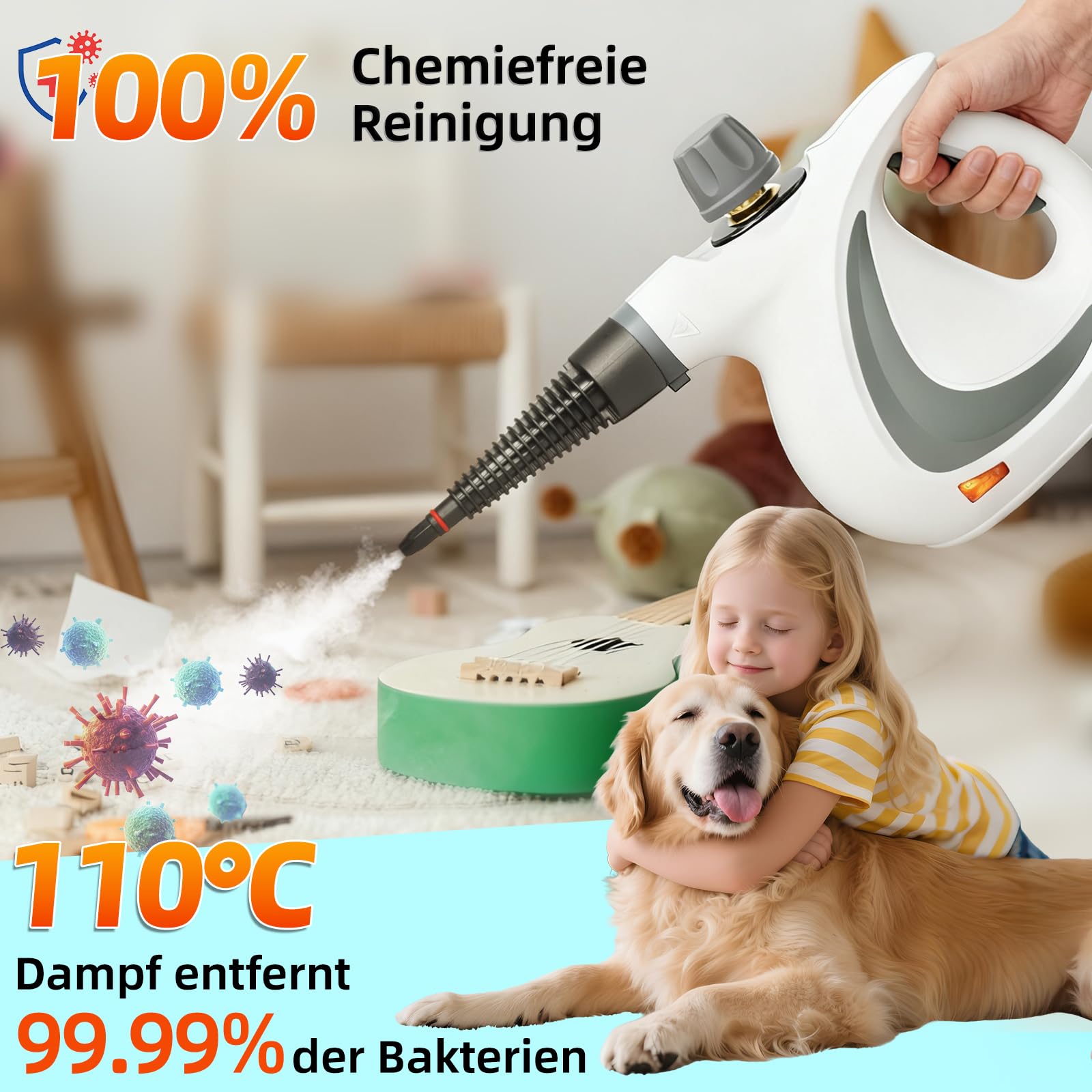Dampfreiniger, Handdampfreiniger für das Haus Mehrzweck mit 12-teiligem Zubehör, 3 Bar Dampfdruck 350ML 1300W chemikalienfreier Dampfreiniger, Reinigung von Küche, Böden, Fliesen, Sofas(Weiß)