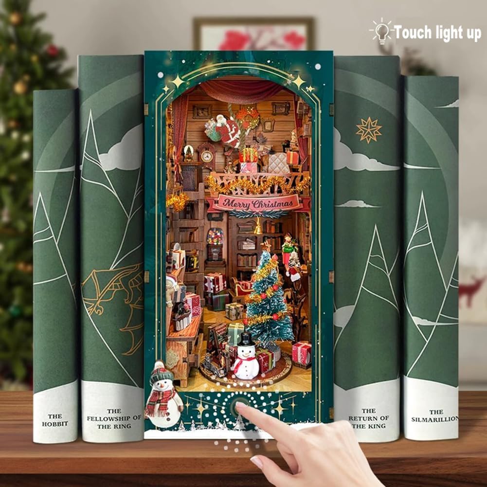 DIY Book Nook Kit, DIY Dollhouse Booknook Bookshelf Insert Decor, 3D Wooden Doll House Puzzles with LED, Halloween Christmas Birthday Gift Home Decor for Adults