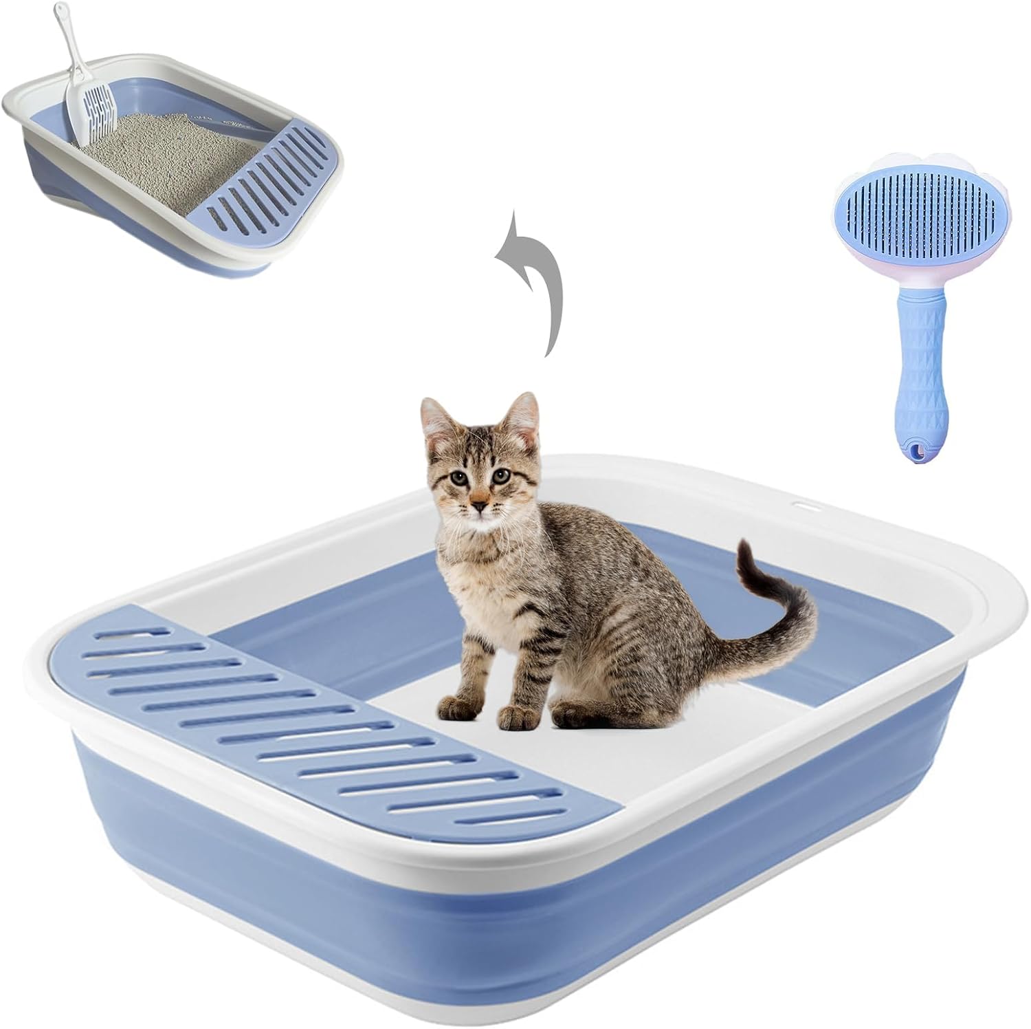 Open Cat Litter Box,Large Kitten Potty Pan Semi-Enclosed Foldable Travel Odorless Cat Toilet Low Entrance Standard Litterbox for Indoor Small Pet Kitty Rabbit Supplies Easy to Clean (Blue)