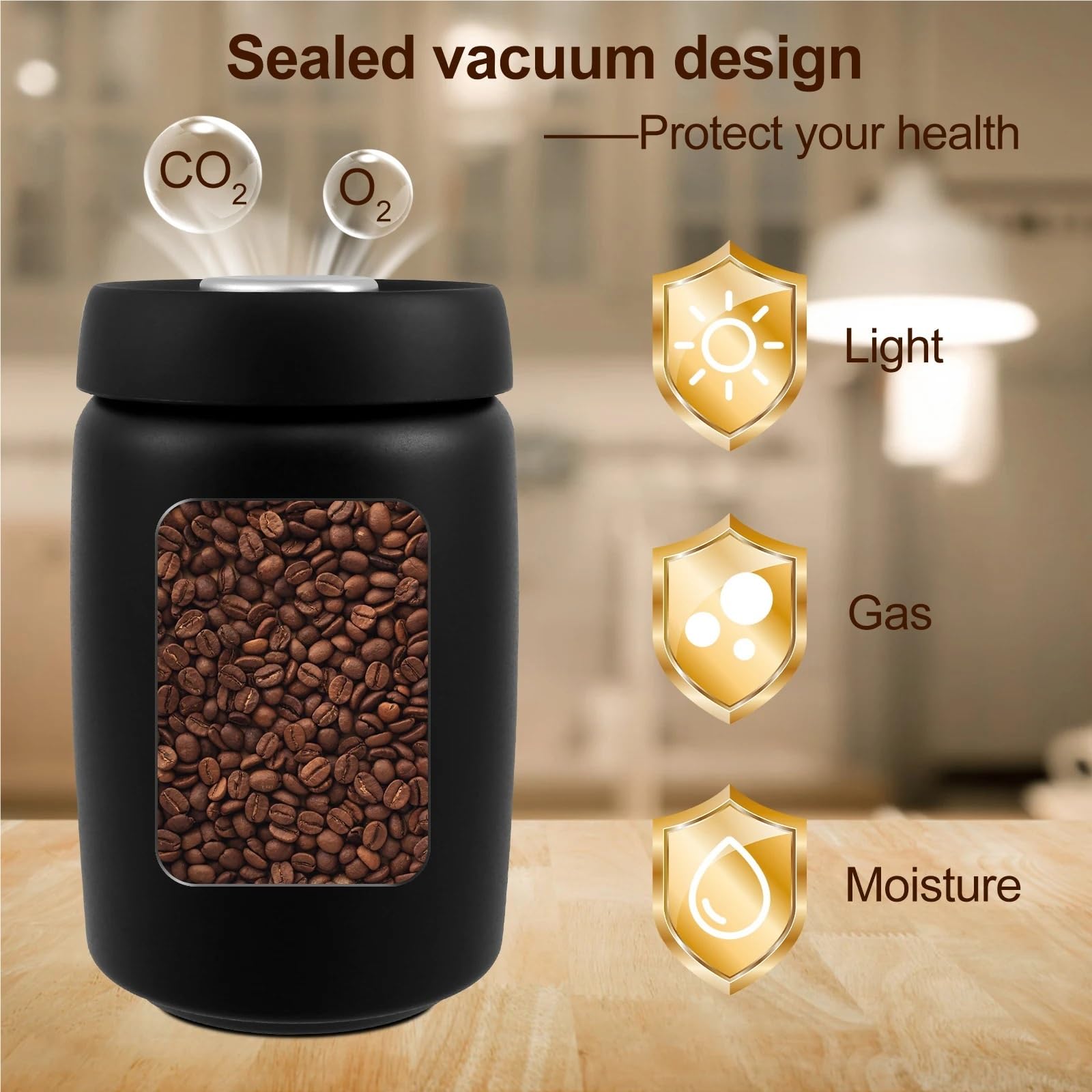 vorratsgläser Kaffeebohnen Vakuumversiegelter Krug Edelstahl Lebensmittel Frisch halten Vorratsbehälter Küche(Black)