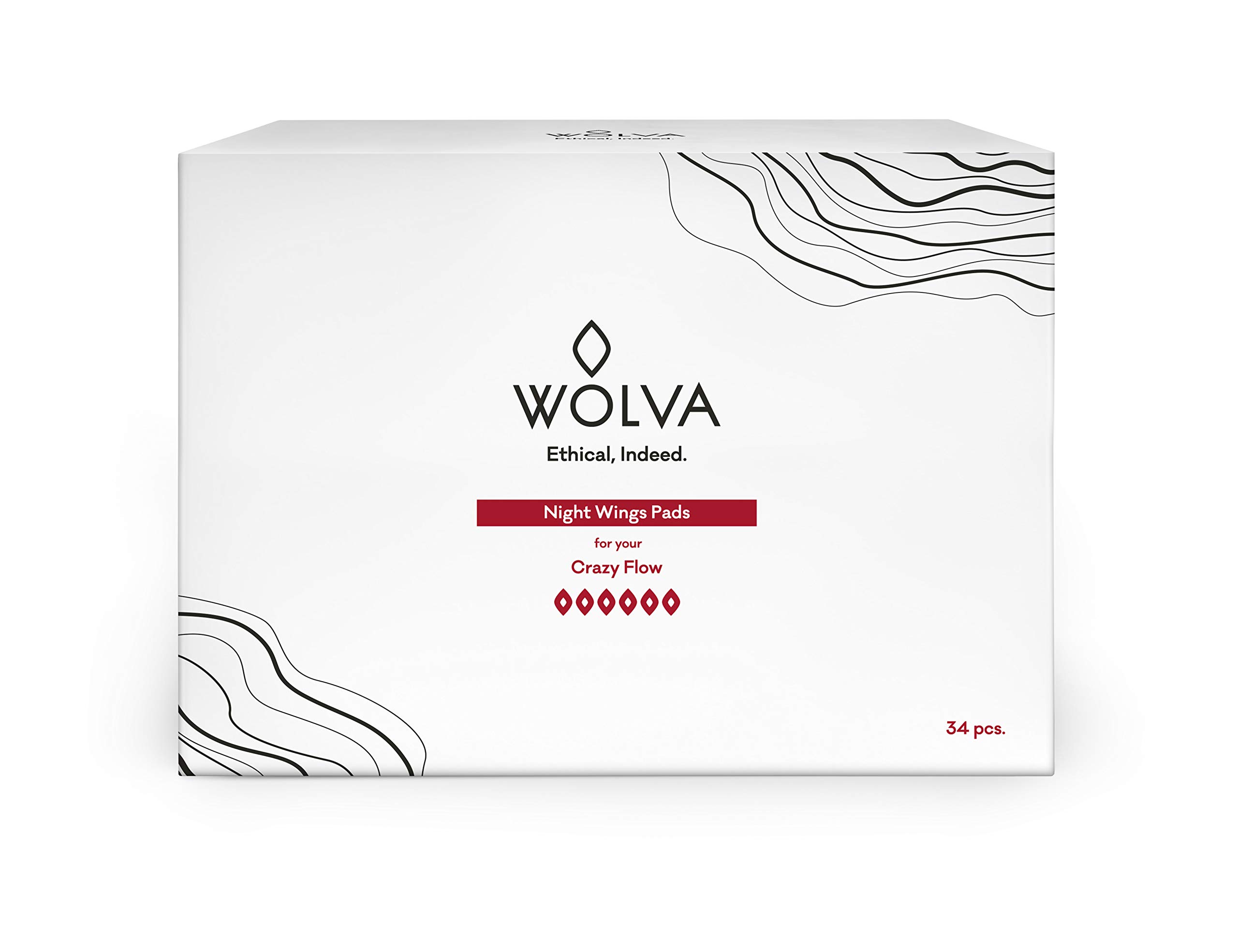 WOLVA Night ECO Sanitary Pads with Wings, Value Pack 34 PCS, Organic Cotton, Biodegradable, CO2 Negative