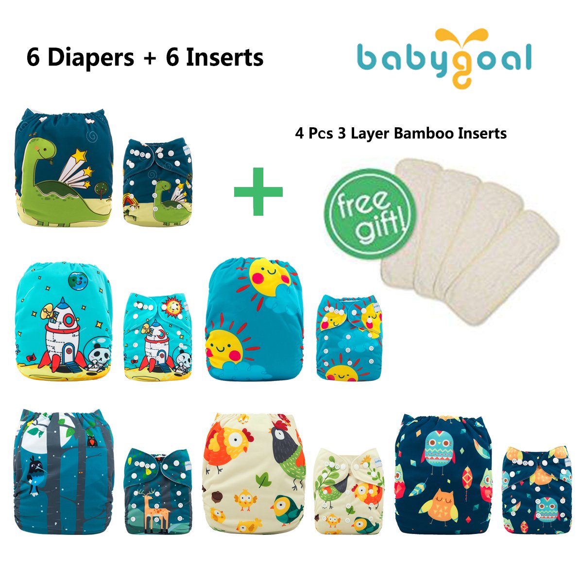 babygoal Reusable Cloth Diapers for Baby Boys, One Size Adjustable Washable Pocket Nappy Covers 6 Pack+ 6pcs Microfiber Inserts+4pcs Bamboo Inserts 6FB15 : Baby