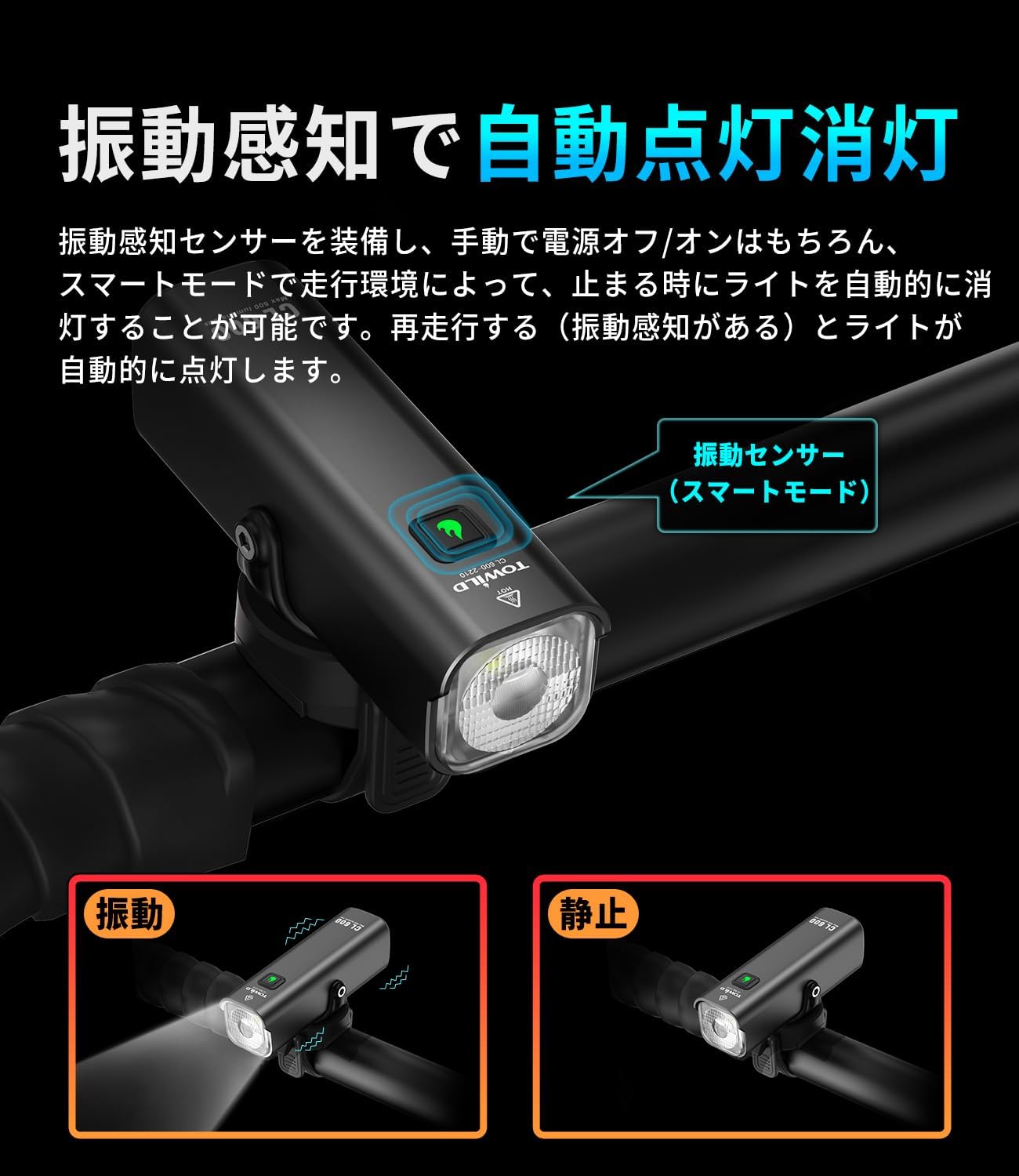 TOWILD CL600 on a bicycle handlebar, pointing to the vibration sensor for smart mode