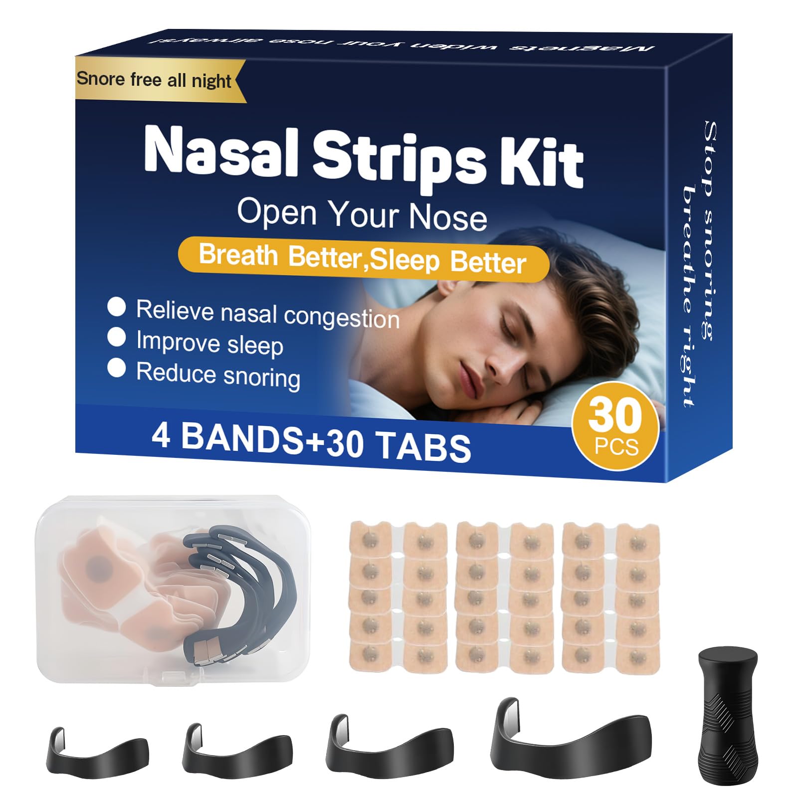 Magnetic Nose Strips with Storage Case, 30 PCS, Anti Snoring Devices for Better Breathing, Improve Sleep Quality Sweat Resistant, Skin Friendly Snore Stopper for Men & Women Universal Fit