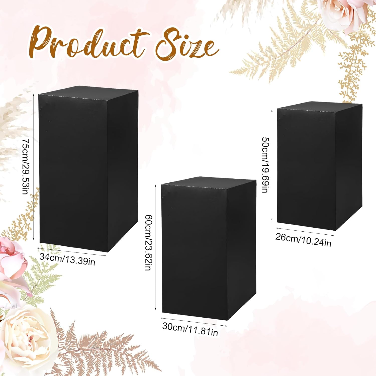 Zonon 3 Pcs Square Pedestal Stands for Party, Metal Display Stands Pillars for Wedding Bridal Ceremony Baby Shower Birthday Party Decorations, 29.5*13.4''(L), 23.6*11.8''(M), 19.7*10.2''(S)(Black)