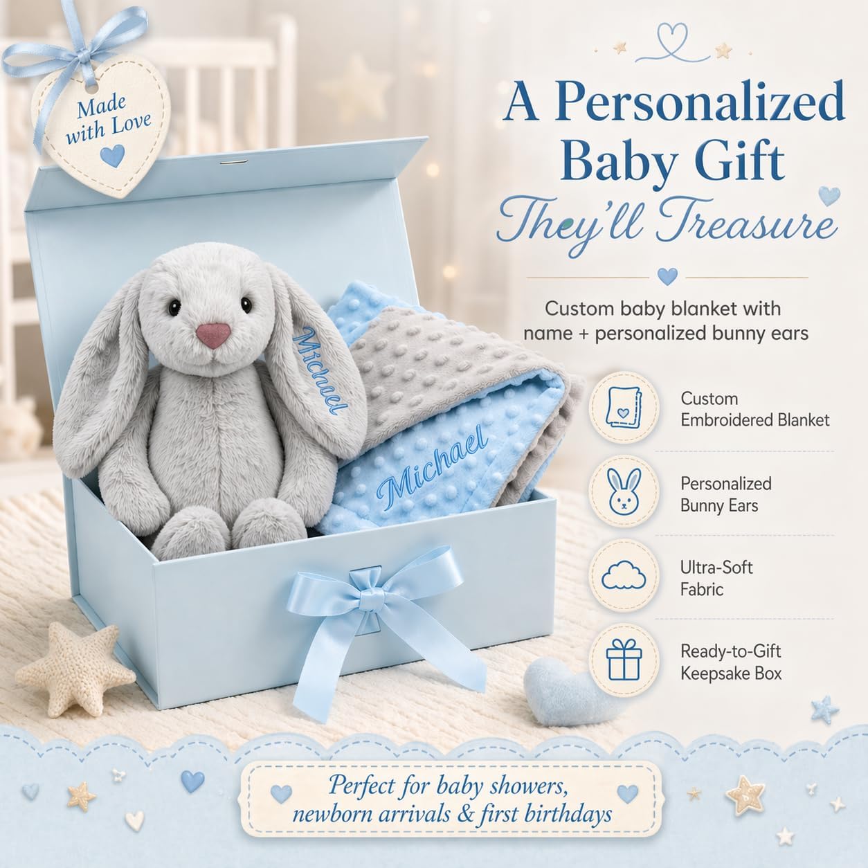 Terwex Personalized Baby Blanket & Plush Bunny Set, Custom Baby Blankets for Boys Girls with Name, Customized 2-in-1 Dot Receiving Swaddle & Rabbit Set, Infant Toddler Gifts for Baby Shower Birthday