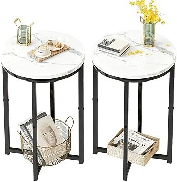 2-Pack Round Side Tables, 16 inch Faux Marble End Table with Metal Frame, Modern Accent Table for Small Spaces, Living Room, Bathroom & Bedroom Black