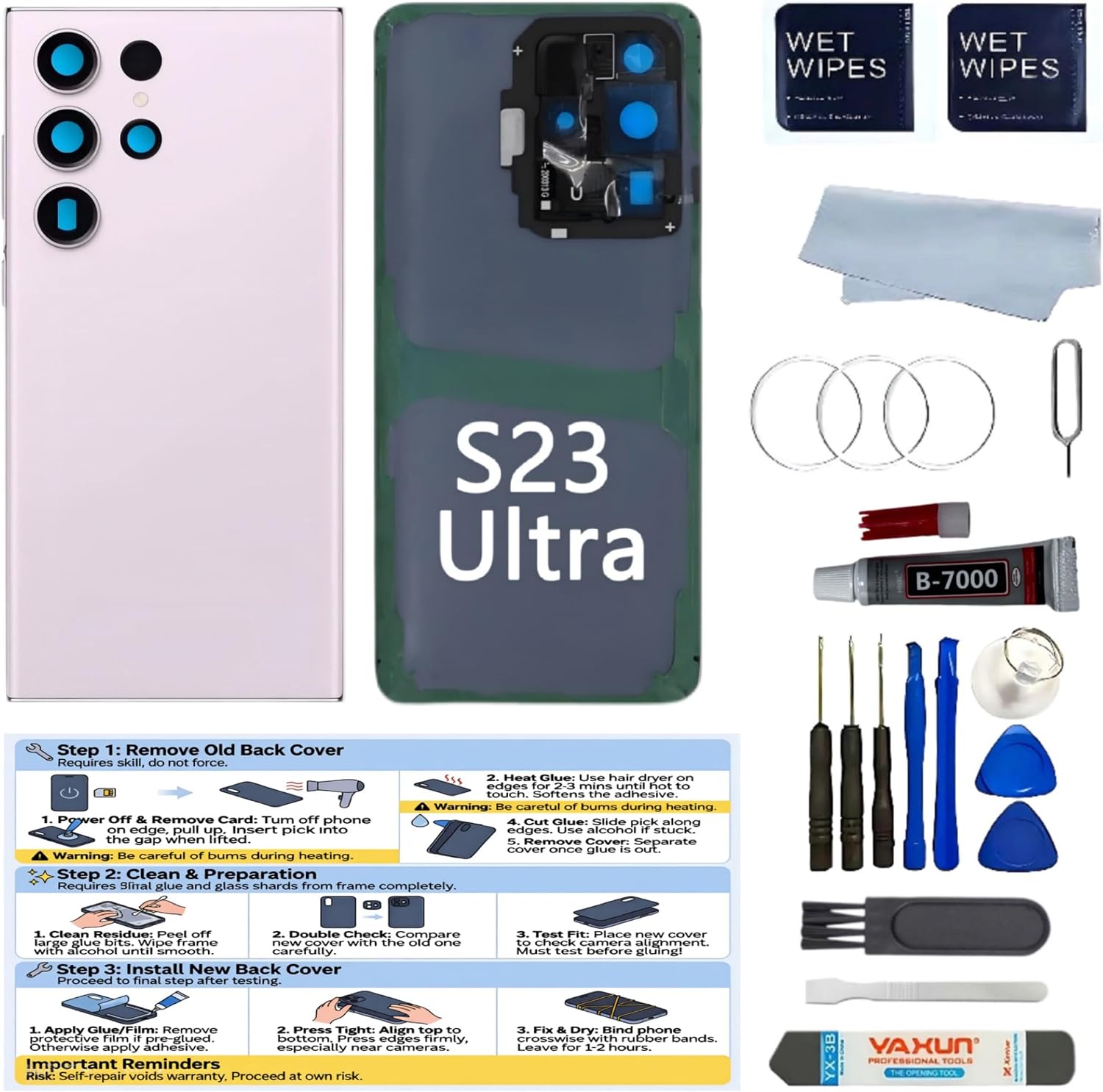 Galaxy S23 Back Glass Replacement for Samsung Galaxy S23 Back Cover with Lens Frame Pre-Installed Tape +Tools (Black, S23)
