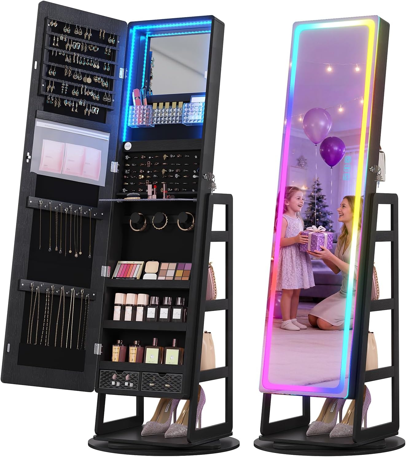 Dystler RGB Jewelry Cabinet with Full Length Mirror, 360° Rotating Lockable