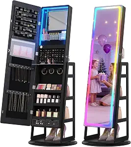 Dystler RGB Jewelry Cabinet with Full Length Mirror, 360° Rotating Lockable