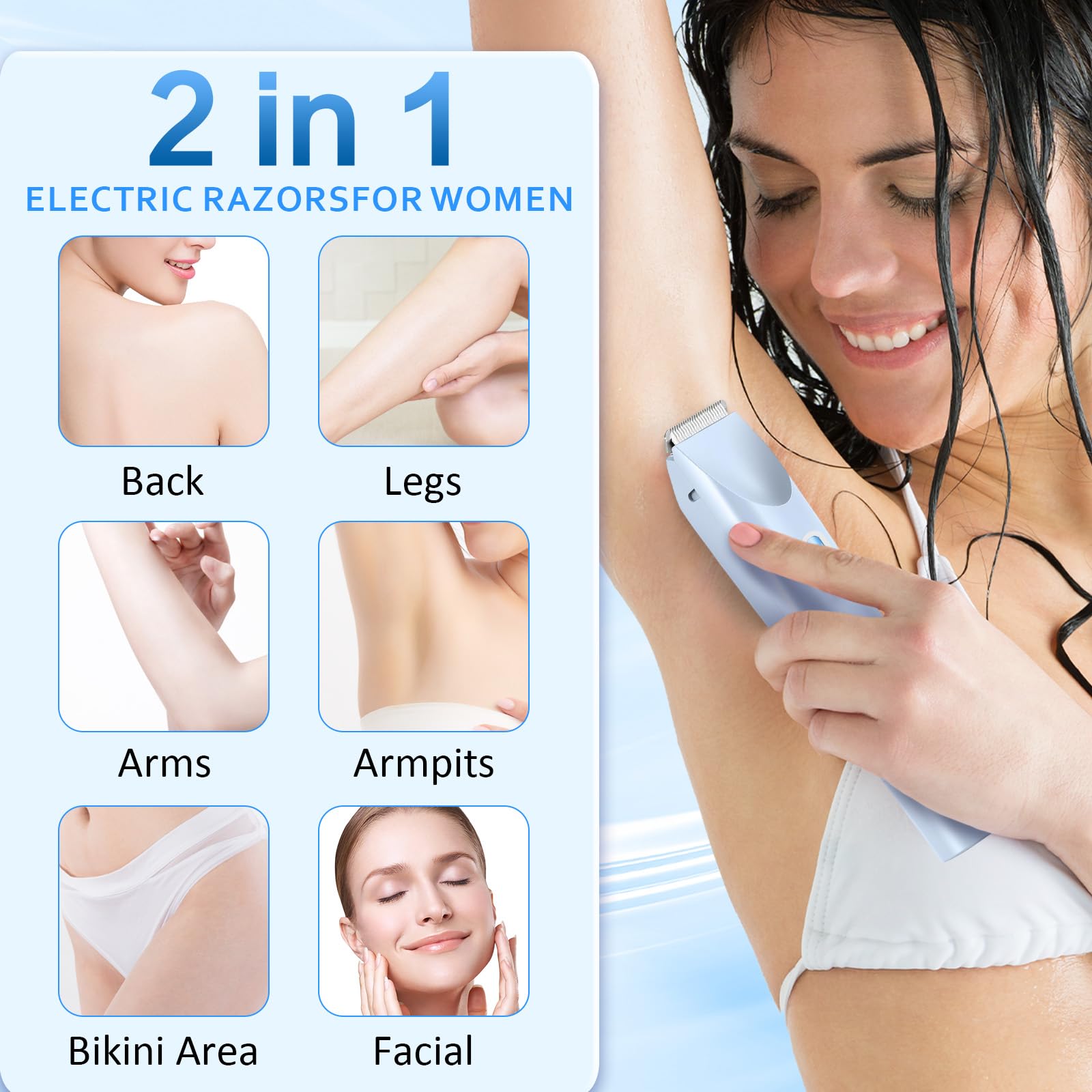 Elektrischer 2-in-1-Haarschneider für Damen mit zwei Köpfen, wasserdichter, wiederaufladbarer Körperrasierer für Bikinizone, Intimbereich, Beine und Achselhöhlen(Blau)