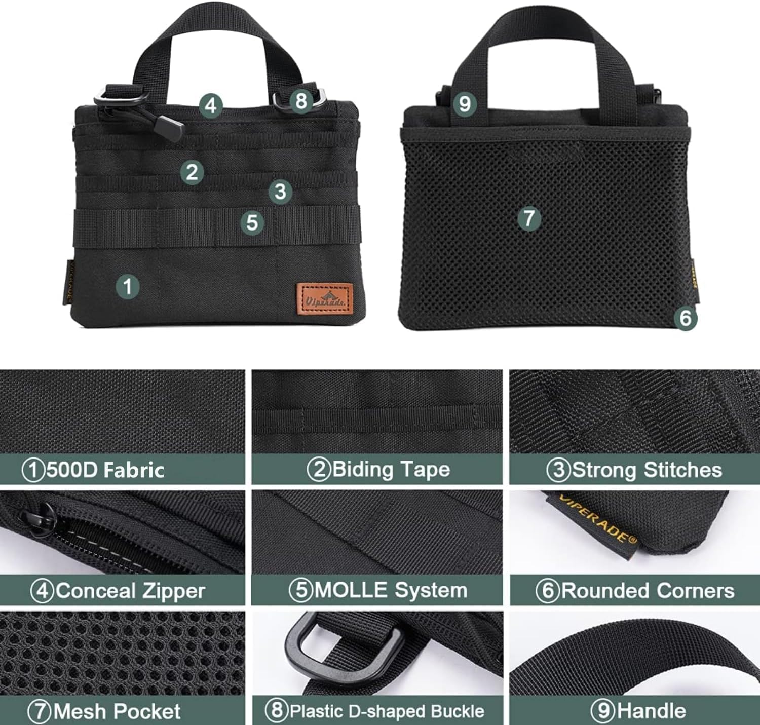 VIPERADE VE5 Slim EDC Pouch with 7 Pockets, Mens Pocket Organizer Multitool Pouch, Mini Crossbody Messenger Bag (No Strap)