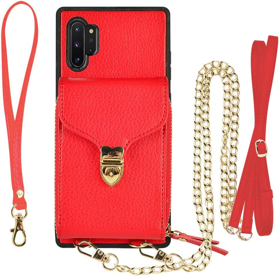 JLFCH Wallet Case for Samsung Galaxy Note 10 Plus 5G, 6.8 inch, Galaxy Note 10+ Crossbody Case with Card Slot Holder Wrist Strap Purse Lanyard Handbag Zipper Protective Note 10 Pro - Red