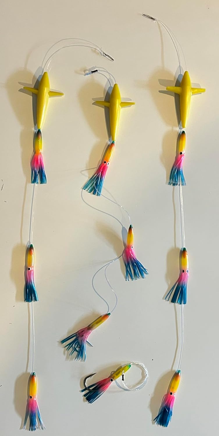 Reel Rraggin' Tackle Squid Bird Spreader Bar Offshore Trolling for Tuna, Marlinor Mahi, Use as a Teaser, or Hooked rig. (5 inch Rainbow Squid, Yellow Bird)