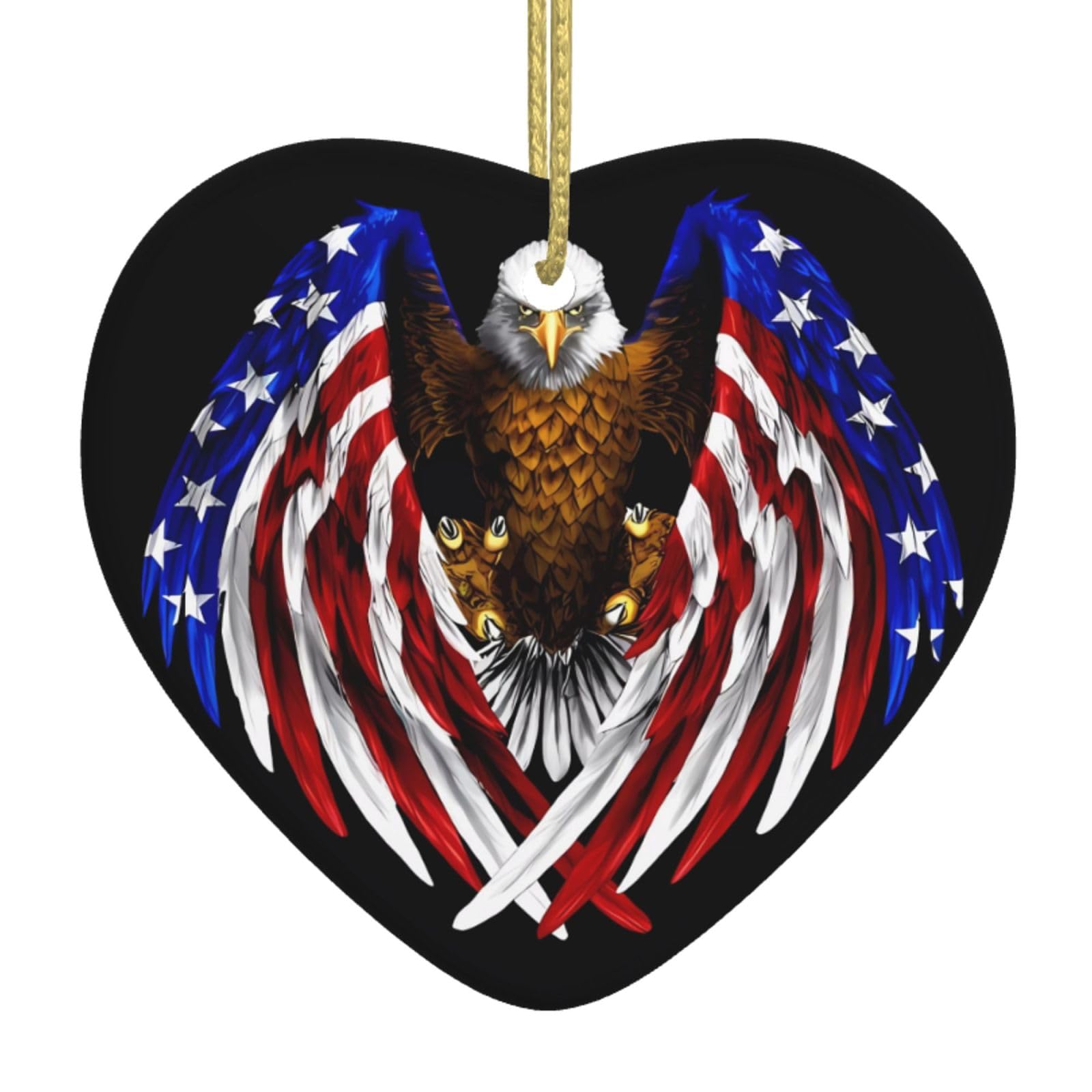 USA Flag Patriotic Eagle Ceramic Christmas Heart Pendant with Silk Thread, Christmas Tree Home Decoration