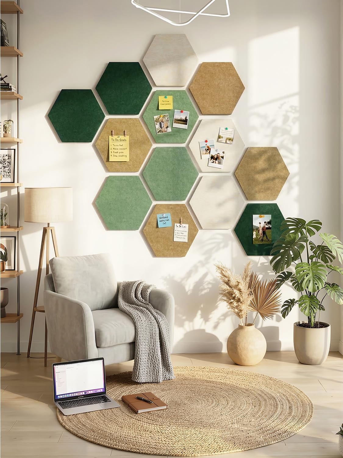 8 Pack Hexagon Felt Bulletin Board Tiles - 12" Large Thick Pin Board for Walls with 30 Push Pins, DIY Boards for Office Home School Decor, Aesthetic Hex Cork Board Alternative
