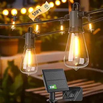 Kawaya Solar Powered String Lights - 50 FT LED Outdoor Patio Hanging Lights with 25+2 Edison Bulbs, USB Charging, IP65 Waterproof, Shatterproof