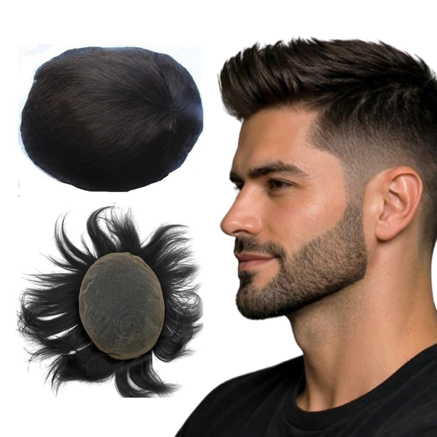 NLW Protesis Capilar Hombre Sistema de reemplazo capilar 100% natural de cabello humano, densidad media, postizo de encaje francés transpirable #1B Negro natural