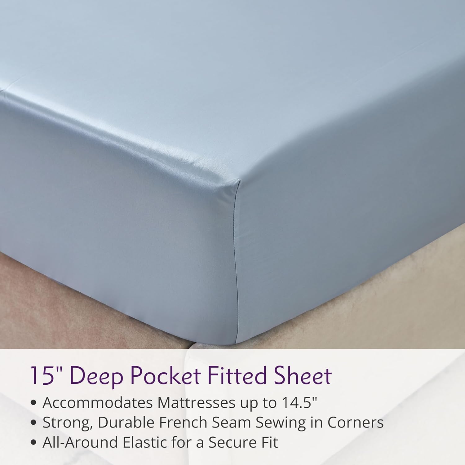 Mulberry Park 100% Pure Twin X-Long Silk Fitted Sheet 22 Momme 6A Mulberry Silk Bed Sheets with 15" Deep Pocket - Breathable, Ultra-Soft, Oeko-TEX Certified, Seamless - Steel Blue