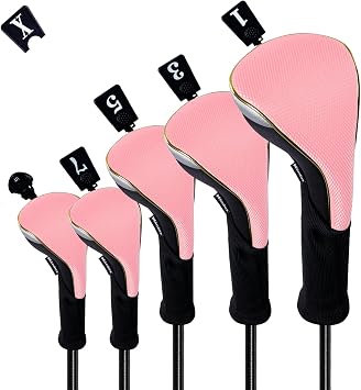 Andux 5Pcs/Set Gold Golf Woods Hybrids Club Head Covers MT/ZH15 | for 460cc Driver Fairway Wood Hybrids Club Mesh Fabric Long Neck Gold Piping Pull-On Closure