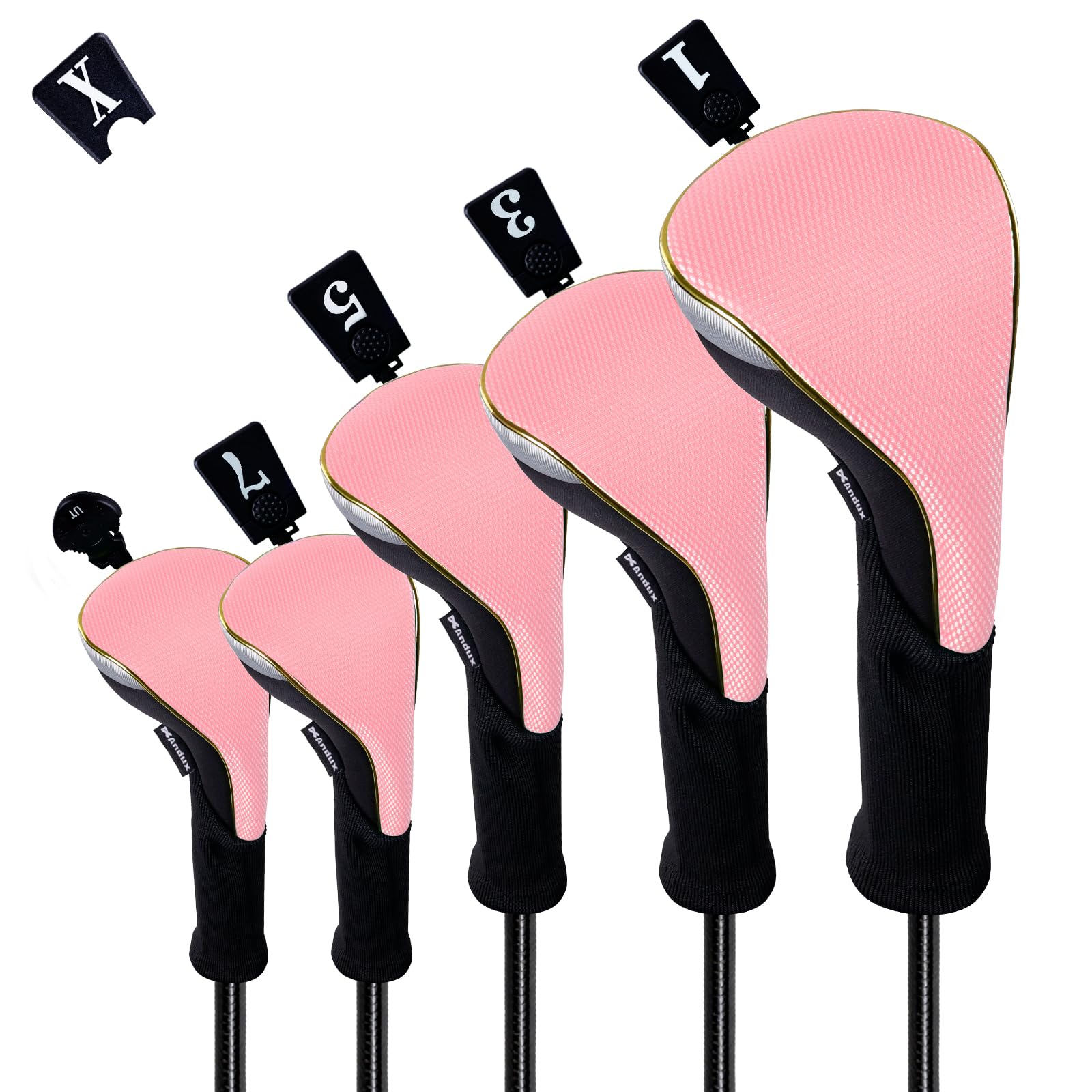 Andux 5Pcs/set Gold Golf 460cc Driver Fairway Woods Hybrids Club Head Covers MT/ZH15 Pink