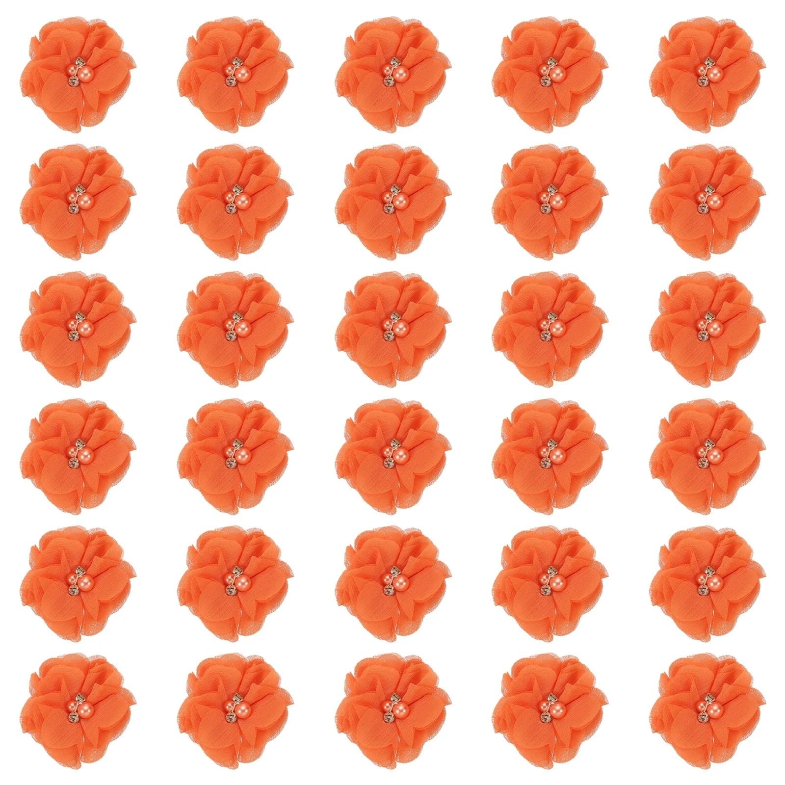 MDSRFGN Fabric Flowers 12/30pcs Chiffon Flowers Rhinestone Pearl Sewing Fabric Artificial Appliques For Clothing Wedding Craft(Orange,30Pcs)