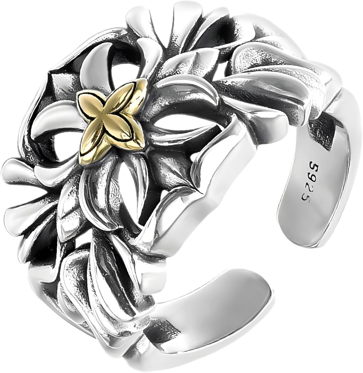 925 Sterling Silver Vintage Wide Band Rings,Cross Ring Biker Adjustable Ring for Men Gifts