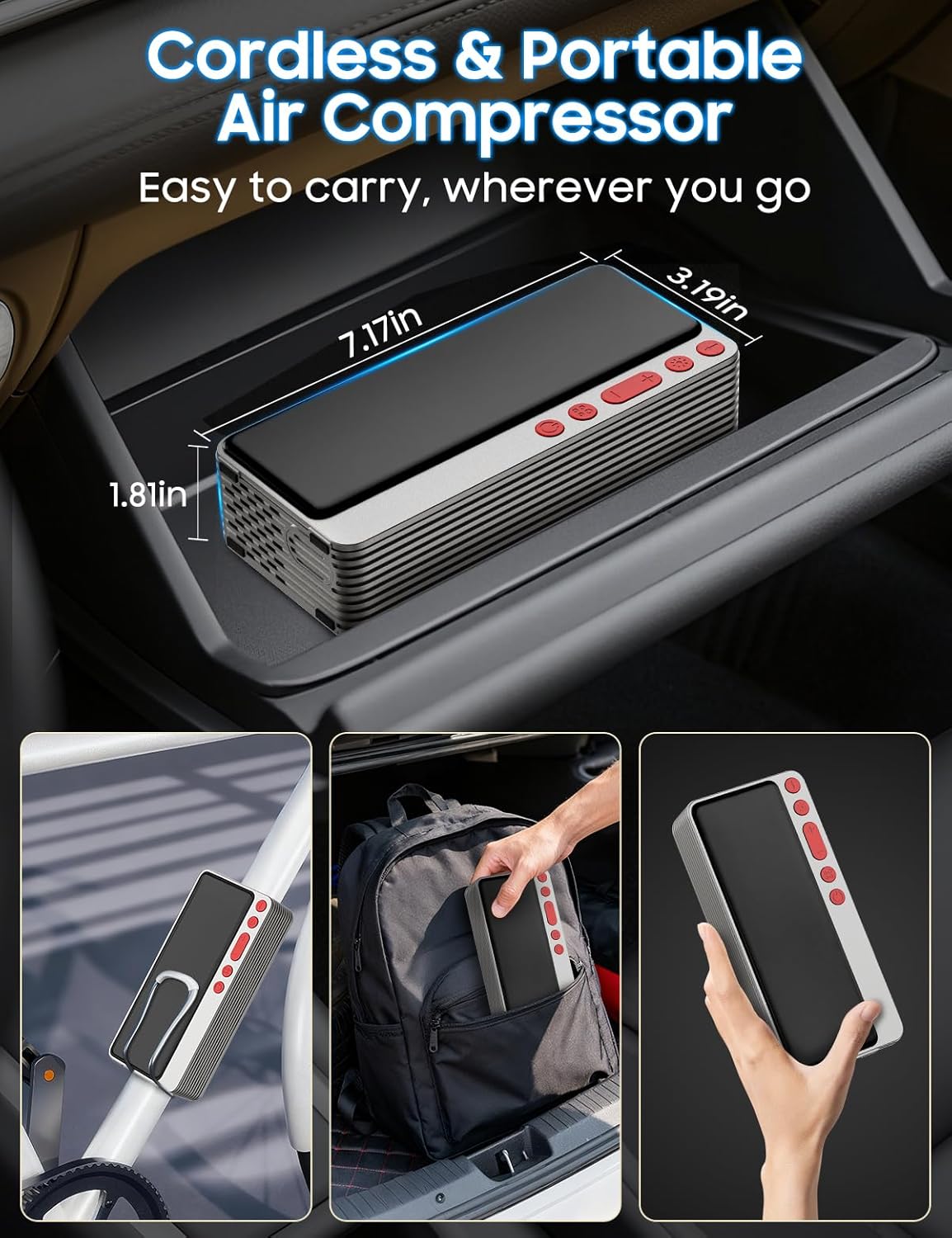 MATULSA Tire Inflator Portable Air Compressor, Silver Smart Air Pump for Car Tires, All-in-One Storage Bike Tire Pump with LED Light, 10000mAh&150PSI Pump for Motor, Bicycle and More, Auto Shut-Off