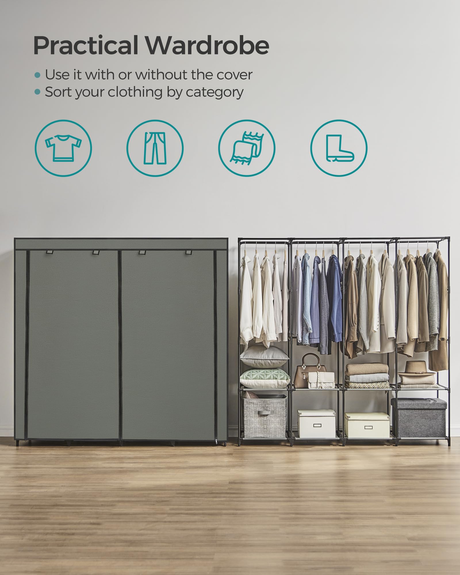 SONGMICS Portable Closet, Wardrobe Closet Organizer with Cover, 4 Hanging Rods and Shelves, 4 Side Pockets, 66.9 x 17.7 x 65.7 Inches, Large Capacity for Bedroom, Living Room, Sage Green URYG094C02