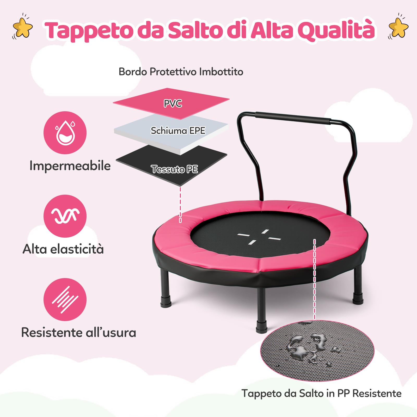 COSTWAY Trampolino Elastico per Bambini, Tappeto Elastico da Interno ed Esterno con Manubrio in Schiuma e Cuscino di Sicurezza, Ideale per Bambini 3-6 Anni, Portata 100 kg