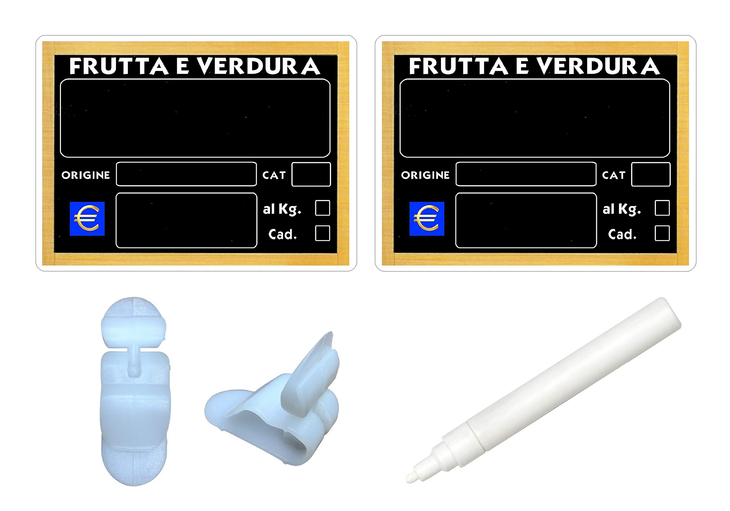 KIT 30 SEGNAPREZZI BIFACCIALI PLASTIFICATI FRUTTA E VERDURA 11,1x15,6 cm. +30 SUPPORTI +1 PENNARELLO BIANCO PER ALIMENTI