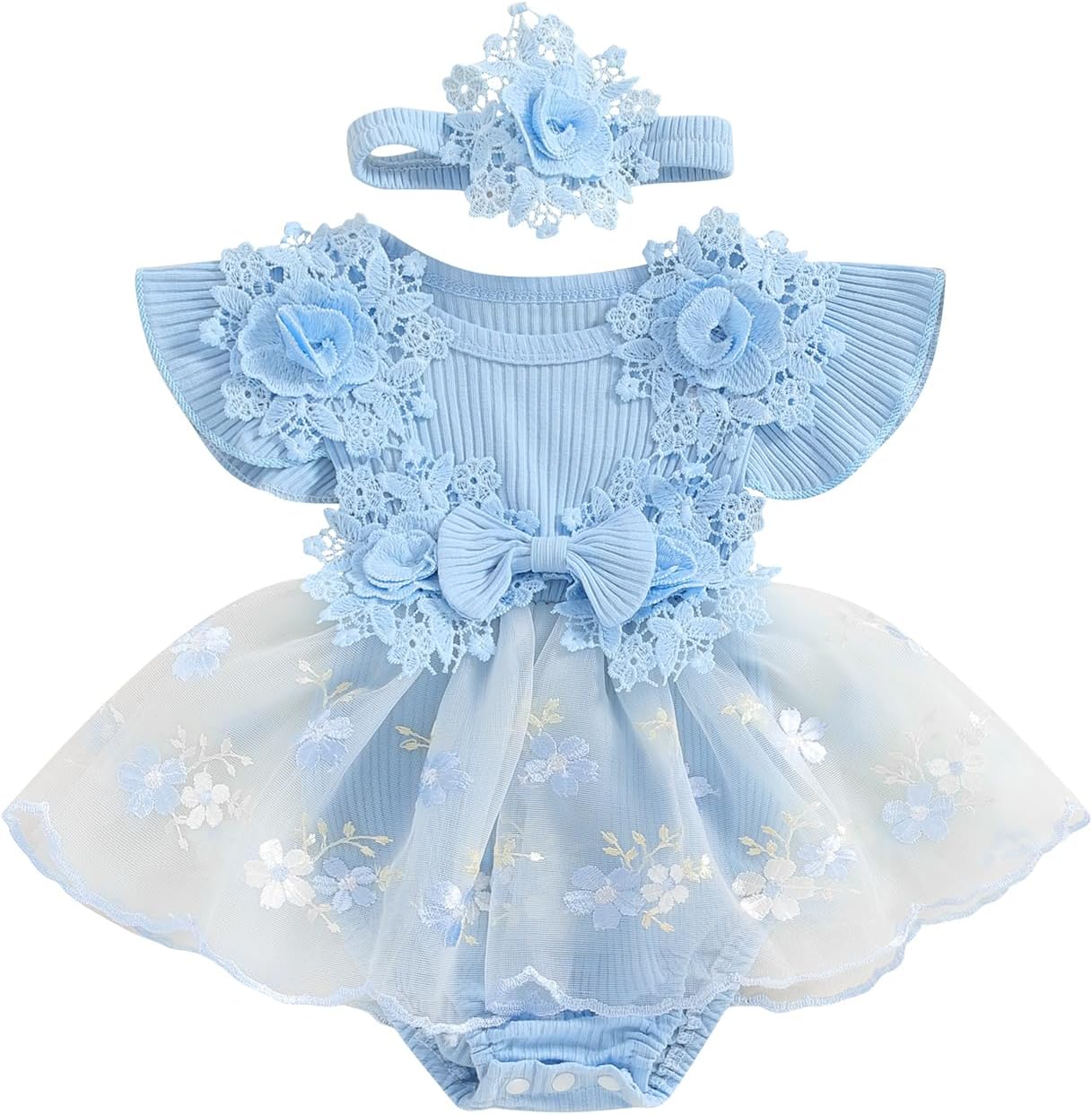 Hnyenmcko Newborn Baby Girl Summer Romper Dress Infant Fly Sleeve Flower Embroidery Mesh Tulle Skirt Hem Ribbed Bodysuit
