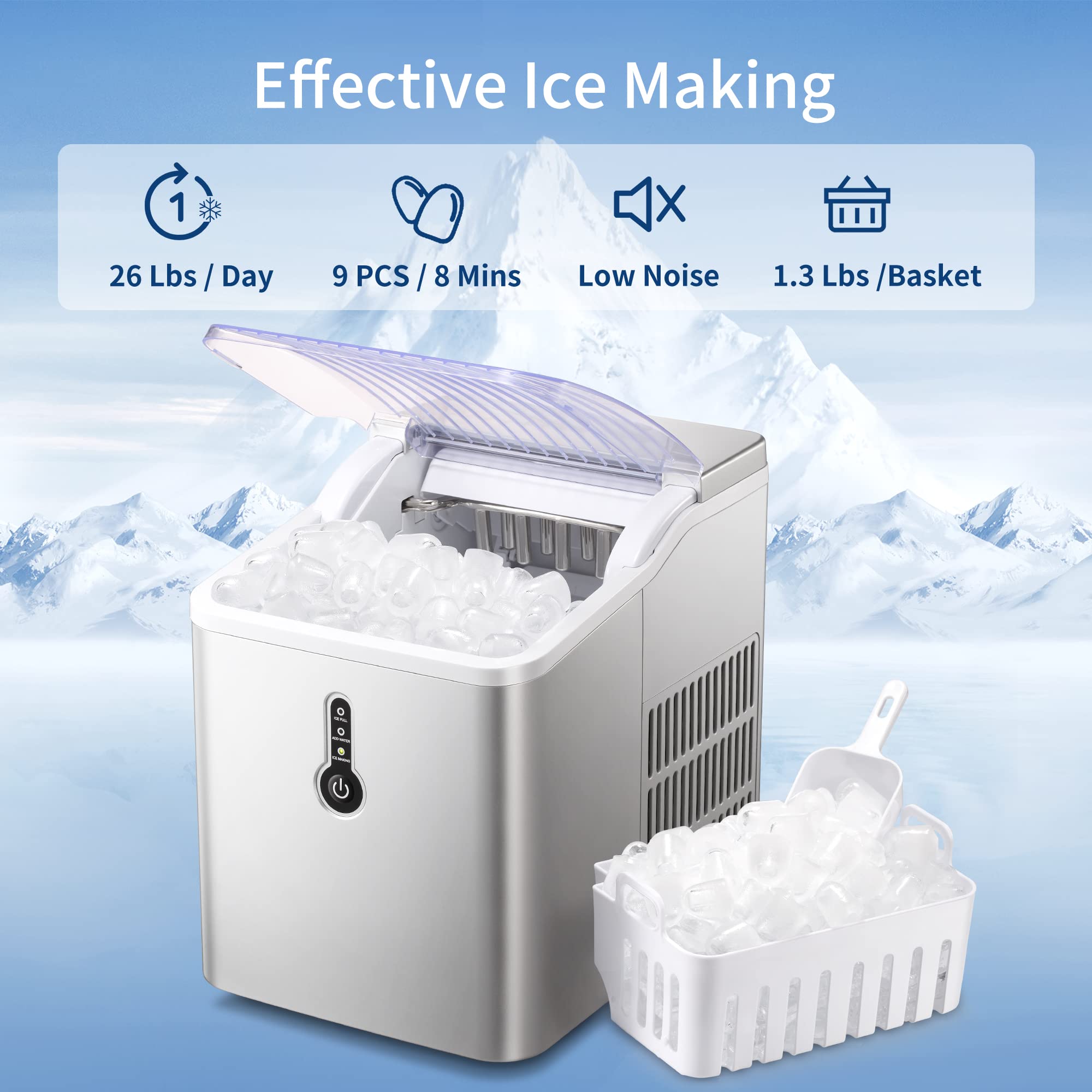 COWSAR Ice Makers Countertop, 9 Cubes Ready in 8 Mins, 26lbs in 24Hrs, Portable Ice Machine with Ice Scoop and Basket, Bullet Ice Maker for Home Kitchen Office Bar Party
