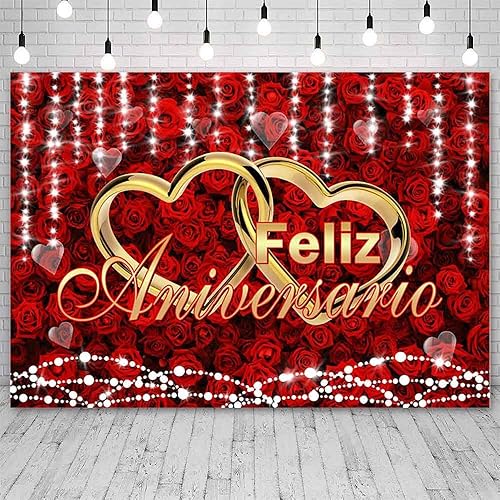 Miniatura 8 de Fondo de feliz aniversario de 7 x 5 pies, decoración de fiesta de feliz aniversario mexicano, flores rojas burdeos, fondo de fotografía, cartel de