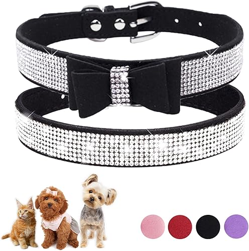 Collar de perro para perros pequeños, paquete de 2 collares ajustables de cuero para perro, collar de gato con diamantes de imitación (S, negro y