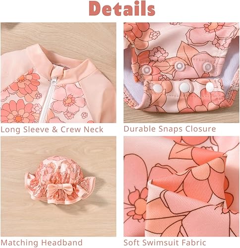 Miniatura 2 de Aalizzwell - Traje de baño de una pieza de manga larga para bebé niña con sombrero