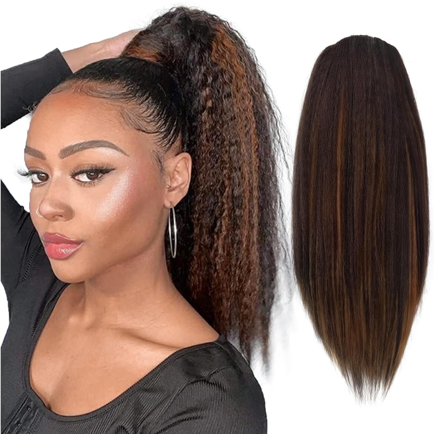 Long Yaki Straight Drawstring Ponytail for Women 20inch Dark Brown with Highlights Slight Kinky Straight Pony Tail Hairpieces Synthetic Ponytail Extension(4H30)