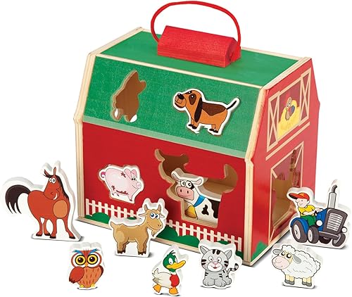 Bundaloo Juego de granero de clasificación de madera con 10 animales de granja, juguete educativo para habilidades motoras finas, coordinación