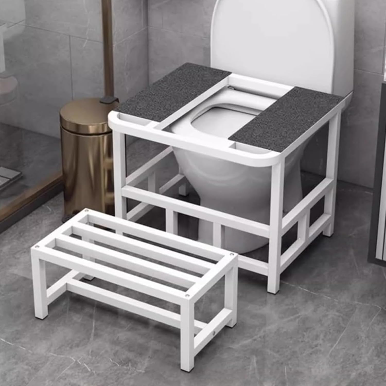 Squat Toilet Converter Frame with Footstool, Toilet to Squat Toilet Transition Aid, Reinforced Arc Design Ergonomic Pit Frame with Non-Slip Pads for Seniors(20.9"W x 18.9"D x 17.1"H, White)