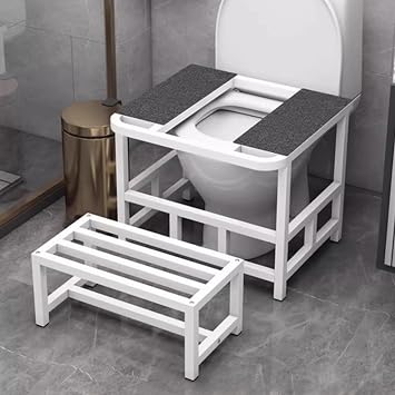 Squat Toilet Converter Frame with Footstool, Toilet to Squat Toilet Transition Aid, Reinforced Arc Design Ergonomic Pit Frame with Non-Slip Pads for Seniors20.9"W x 18.9"D x 17.1"H, White