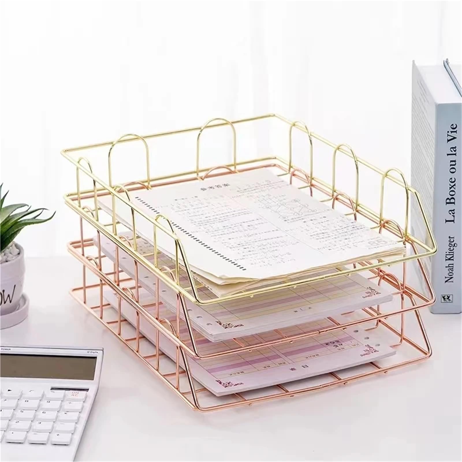Stapelbares Briefablagen-Set – 2 Stück, goldfarben, breiter Eingang, Schreibtisch-Organizer für A4-Dokumente, Zeitschriften, Zeitungen, Aktenordner, Büro-Schreibtisch-Aufbewahrungslösung