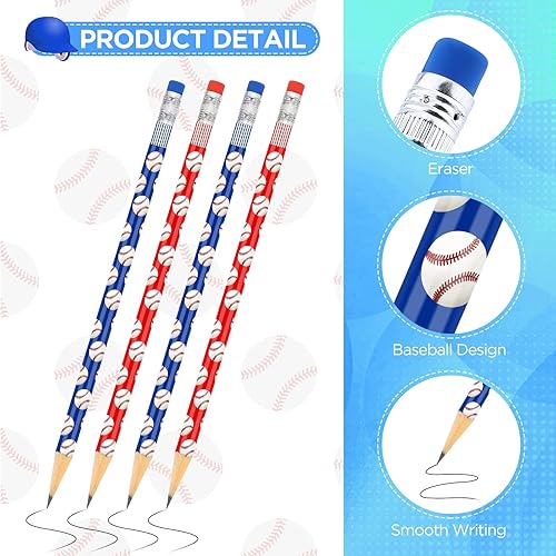 Miniatura 6 de Rumia 36 lápices de madera con borrador, divertidos lápices de béisbol para niños, para fiestas, escuela, oficina